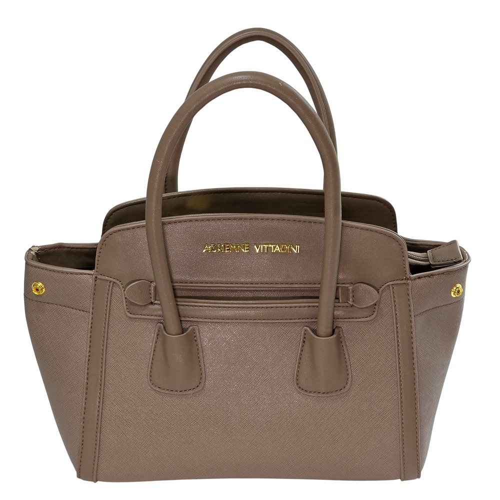Adrienne Vittadini Taupe Saffiano Faux Leather Satchel Handbag Gold Hardware